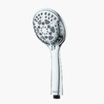 Close-up of a modern multifunctional water filter shower head with multiple spray settings, designed for optimal water filtration and shower experience.