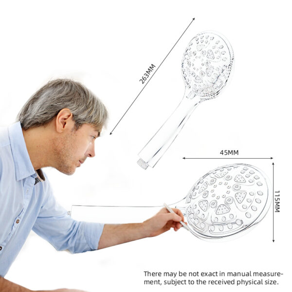 Detailed diagram of a high pressure rain shower head with dimensions 263MM by 45MM, showing water spray pattern and design features.