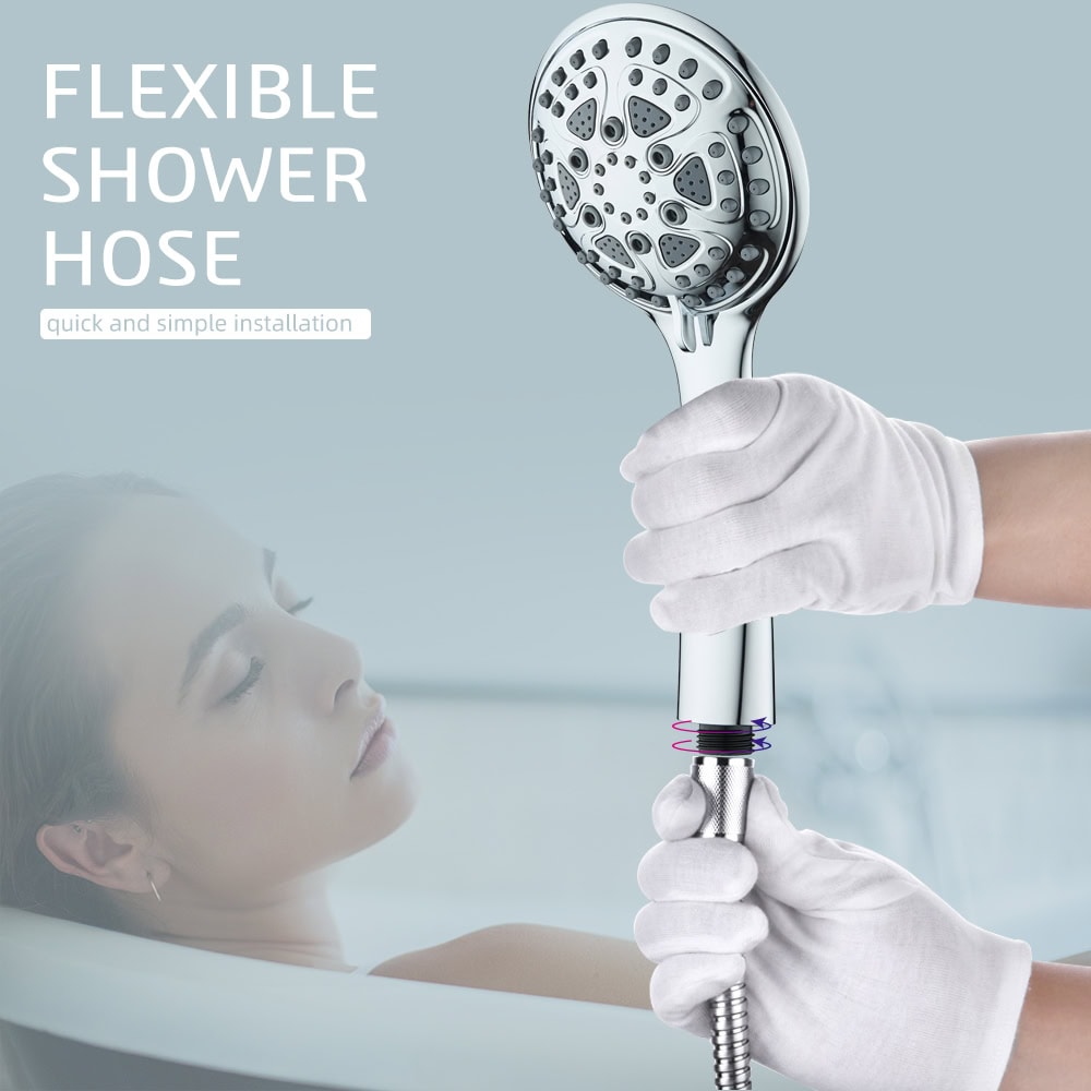 Person holding a flexible shower hose with a rain shower head, demonstrating quick and simple installation for luxury bathroom upgrades.