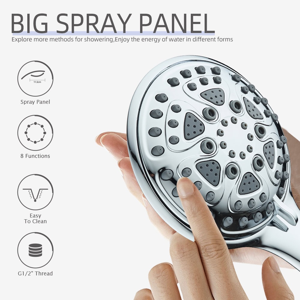 Large shower head with multiple spray nozzles, easy to clean, featuring 8 functions and G1/2" thread for high-pressure rain shower experience.