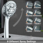 Adjustable high-pressure rain shower head with 8 spray settings including rain, massage, oxygen, and off.