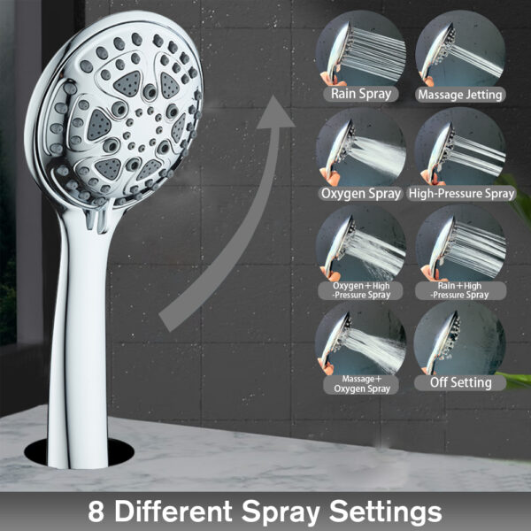 Adjustable high-pressure rain shower head with 8 spray settings including rain, massage, oxygen, and off.