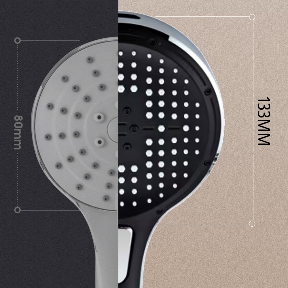 Close-up of a large handheld shower head showing different spray nozzles and dimensions 180mm by 133mm, designed for high-pressure rainfall and versatile shower experiences.