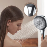 Woman using a handheld shower head with multiple spray modes, demonstrating adjustable water pressure and spray patterns.