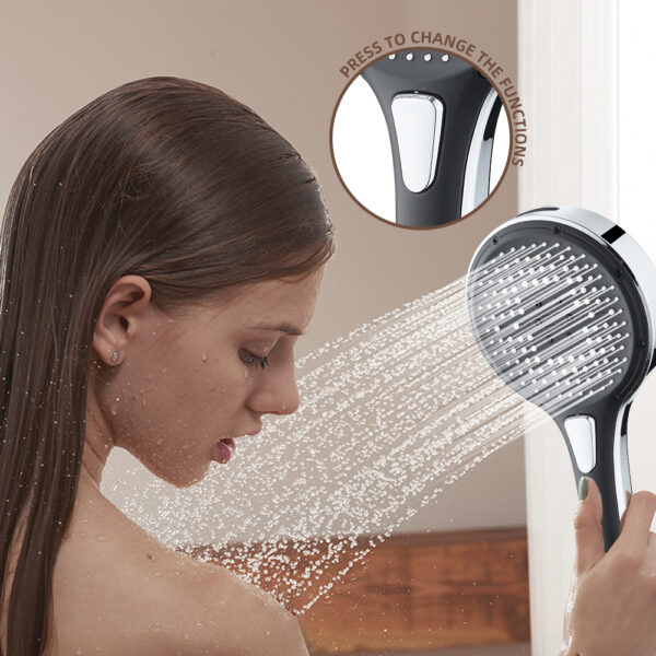 Woman using a handheld shower head with multiple spray modes, demonstrating adjustable water pressure and spray patterns.