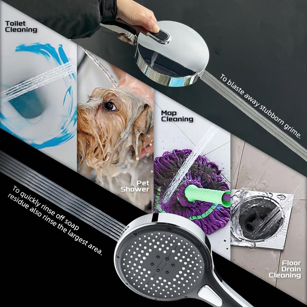 Handheld shower head with multiple spray modes for cleaning and rinsing, ideal for pet grooming, floor drain cleaning, and toilet cleaning.
