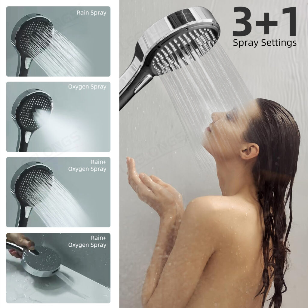 Handheld shower head with 3+1 spray settings including rain, oxygen, rain+oxygen, and rain+oxygen spray for customizable shower experience.