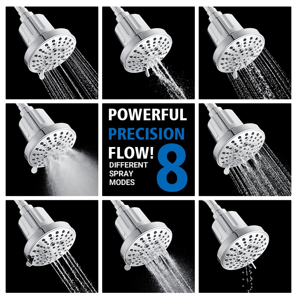 Close-up of a multifunctional water shower head with adjustable spray modes and water flow, highlighting precision and power.