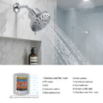 Modern shower head with built-in water filtration system, featuring multiple filter layers for clean and safe water.