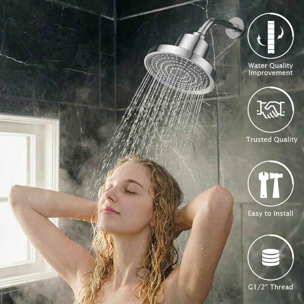 Young woman enjoying a shower with a modern showerhead in a stylish bathroom, highlighting water quality improvement and easy installation features.
