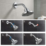 Step-by-step guide for installing and adjusting a modern shower head with images showing different angles and adjustments.