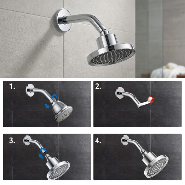 Step-by-step guide for installing and adjusting a modern shower head with images showing different angles and adjustments.