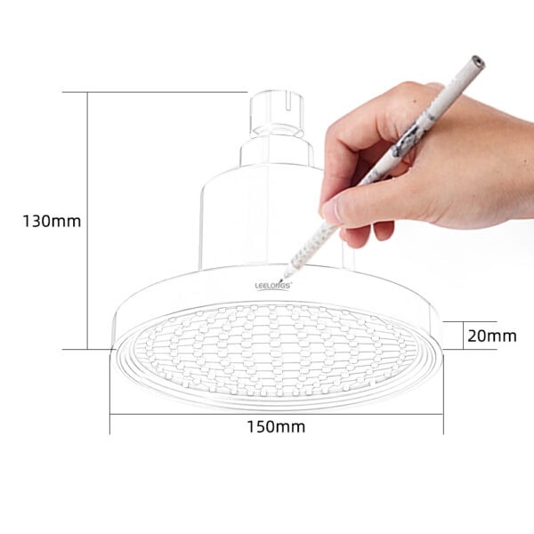 Hand drawing measurement lines on a ceiling shower head with dimensions 130mm height, 150mm diameter, and 20mm nozzle size for installation.
