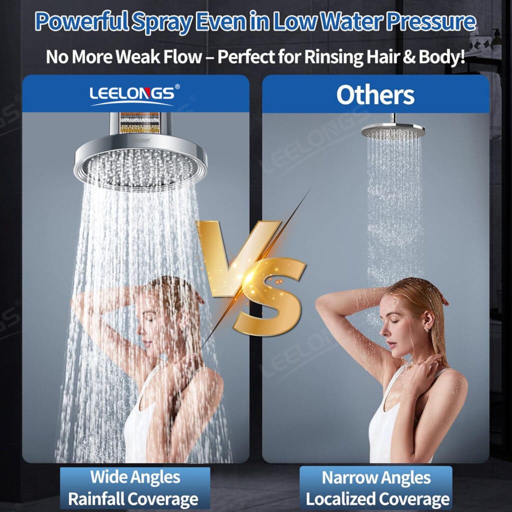 Comparison of Leelongs powerful spray shower with other shower showing water coverage and angles for hair and body rinsing.