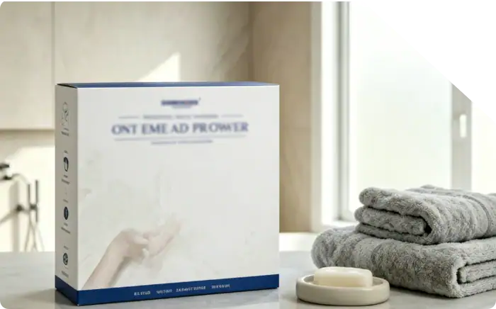 Ont Emelad Power supplement box placed on a bathroom counter with folded towels and soap, near a window with natural light.