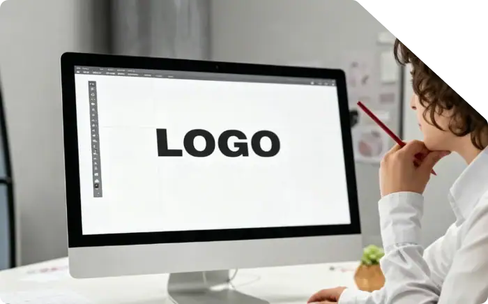 Person designing a logo on a computer monitor with a stylus, focusing on branding and graphic design.