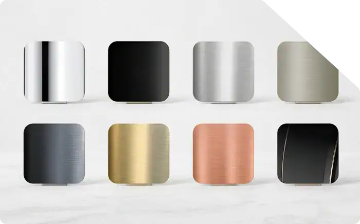 Collection of metal finish samples including brushed, matte, and polished textures in various colors like silver, black, gold, and copper for interior or product design.