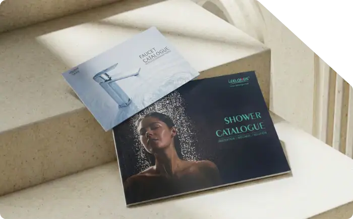 Leelongs shower catalogue and faucet brochure displayed on a beige surface, showcasing modern bathroom fixtures and design options.