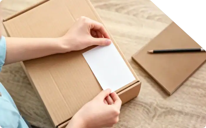 Person opening a cardboard gift box with a blank card inside, on a wooden table with a notebook and pencil nearby.