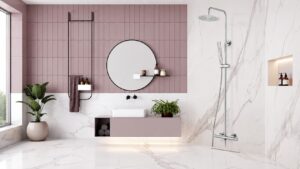 Contemporary bathroom featuring a round mirror, pink tiled wall, and a sleek shower system with marble accents.