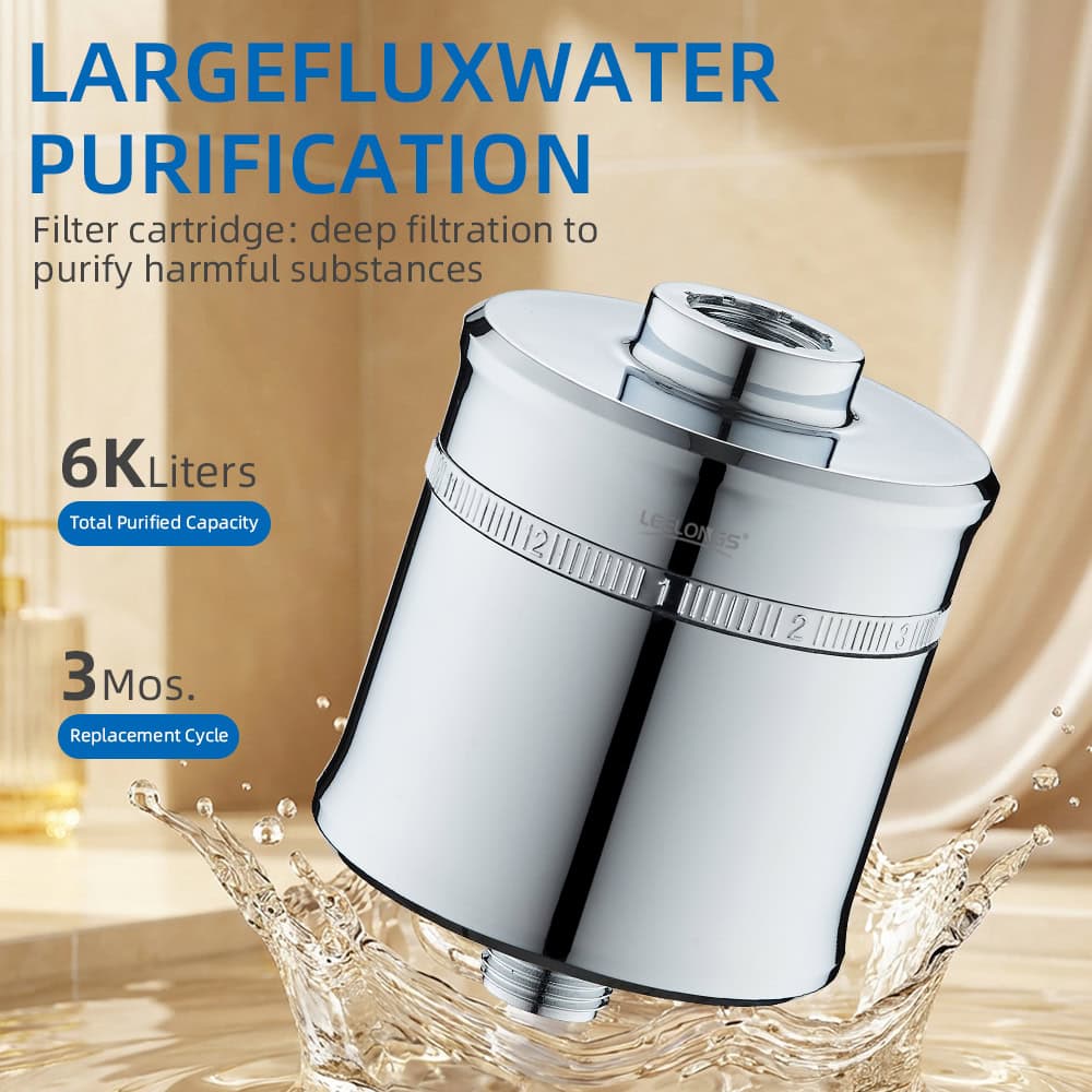 LargeLuxWater 15-stage shower filter cartridge for removing chlorine, heavy metals, and impurities from water.