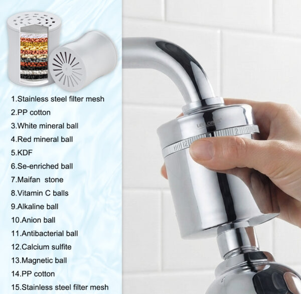 Close-up of a person installing a 15-stage shower filter with multiple mineral balls and stainless steel mesh for water purification.