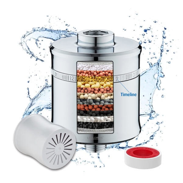 Leelongs 15-stage shower filter with multi-layer filtration system for removing chlorine, heavy metals, and impurities from water.