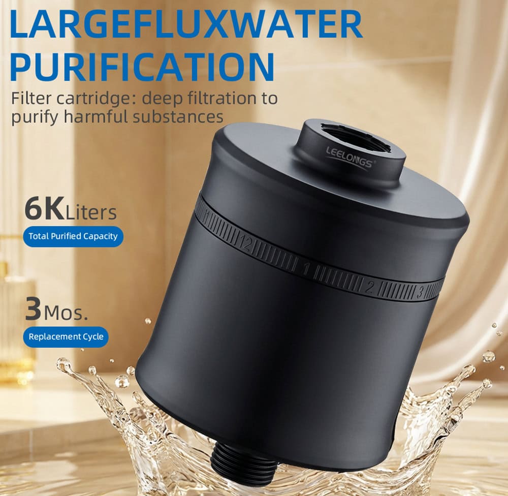LargeLuxWater shower filter with 15-stage filtration for removing chlorine, heavy metals, and impurities, featuring a 6,000-liter capacity and 3-month replacement cycle.