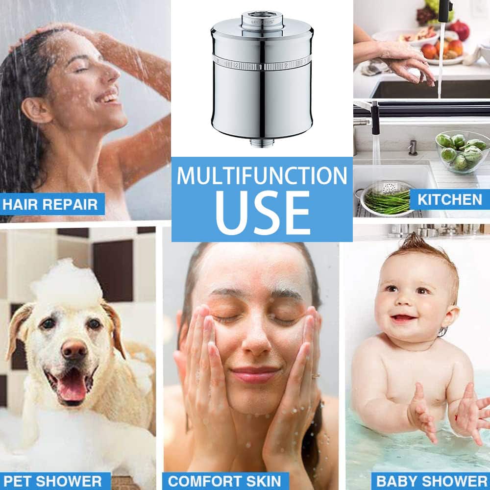 Versatile shower filter for hair, skin, pets, and kitchen use, removing chlorine, heavy metals, and impurities for healthier water.