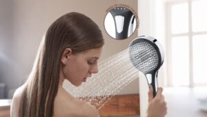 Woman adjusting a modern shower head with multiple spray options in a bright bathroom setting.