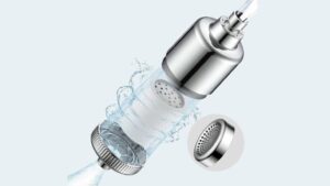 Close-up of a modern shower head with water filtration technology, emphasizing water conservation and sustainability in shower design.