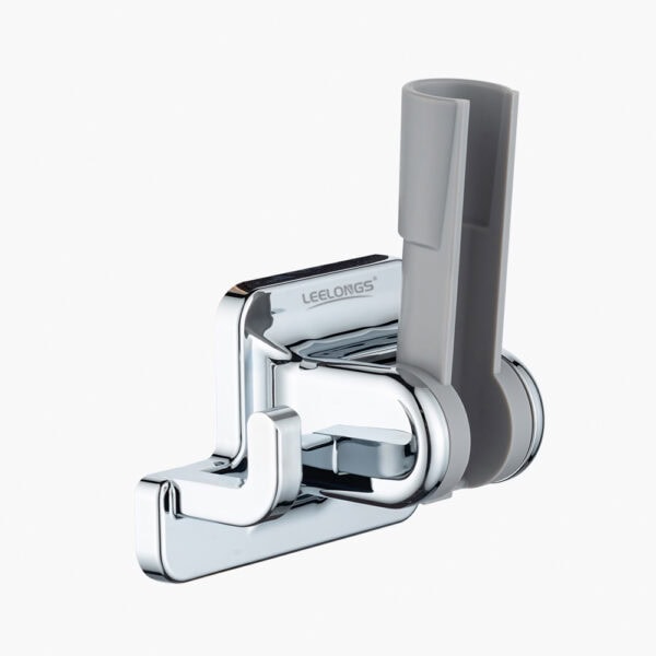 Chrome swivel shower head holder with hook, no-drill suction mount, adjustable for bathroom use, from Leelongs.