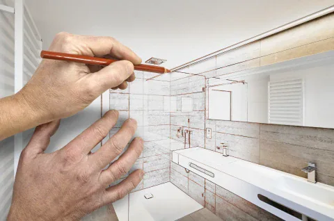 Hands sketching a bathroom interior design on a transparent sheet with a pencil, showing detailed plans for tiling, fixtures, and layout.