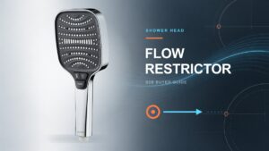 Close-up of a modern shower head with flow restrictor features, illustrating water flow control and design details for optimal shower experience.